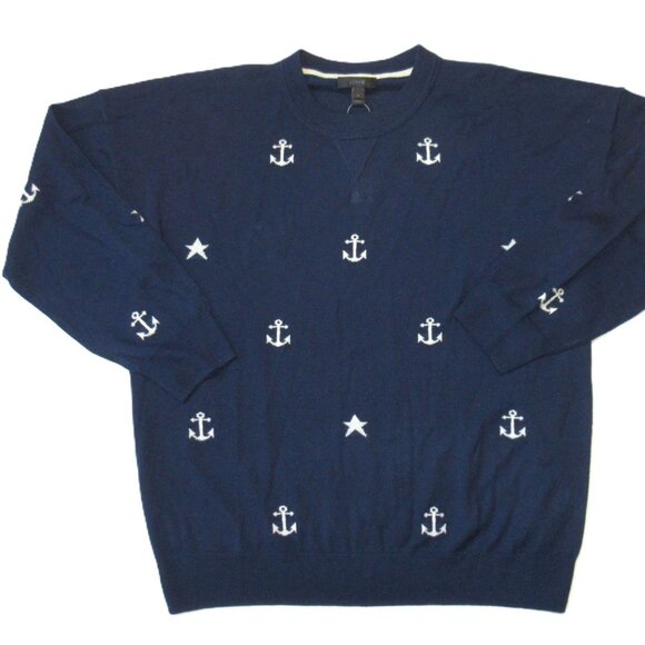 NWT J.Crew Merino Wool Sweater in Navy Ivory Anchors and Stars Knit Pullover L - Picture 5 of 8